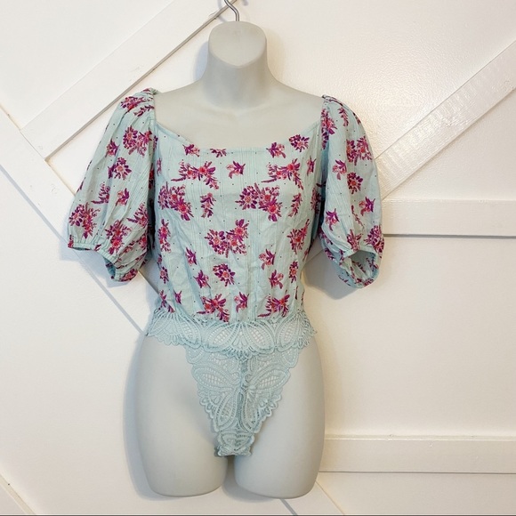 Free People Angela Floral Printed Square Neck Puff Sleeve Lace Bodysuit Blue XS - Picture 2 of 8